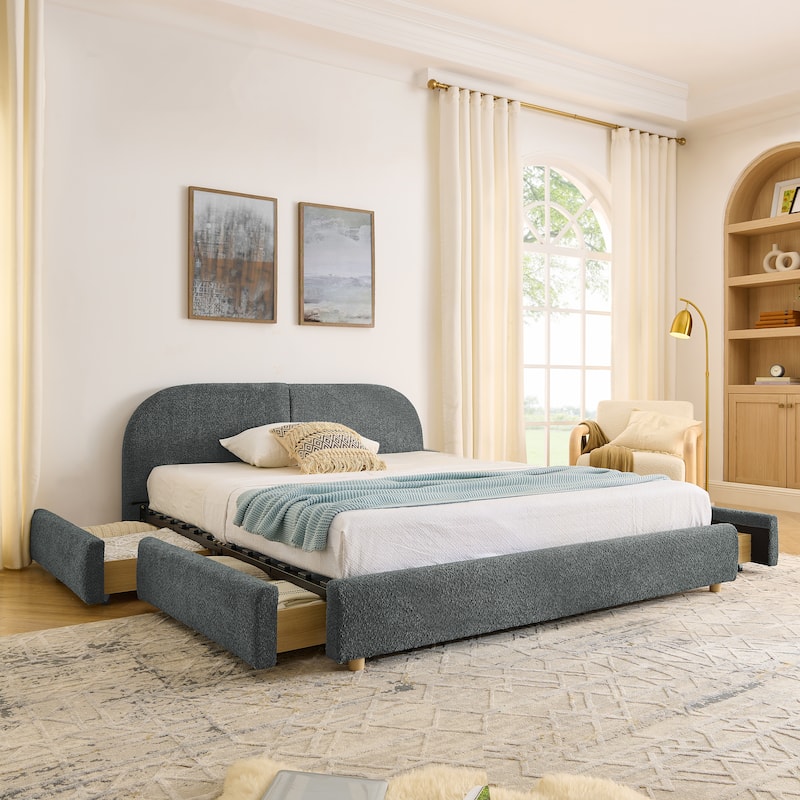 Stylish Curve-shaped Upholstered Platform Bed Frame Modern Minimalist Low Profile Bed with Curved Headboard Optional Storage Bed
