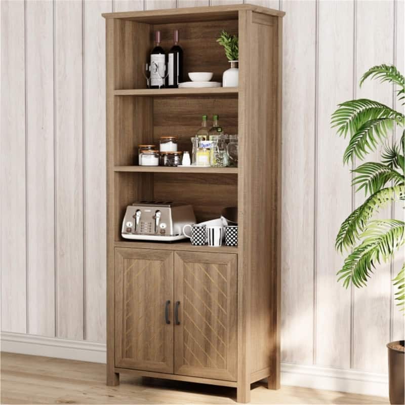 5-Tier Farmhouse Bookshelf with Doors Adjustable Shelf and Stable Legs
