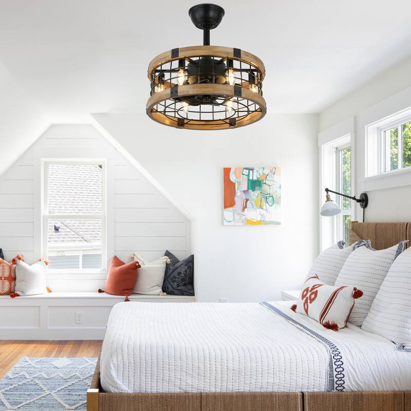 Cusp Barn 18 Inch Caged Ceiling Fan with Remote Control, Rustic Bladeless Ceiling Fan, Enclosed Farmhouse Fandeliers for Bedroom