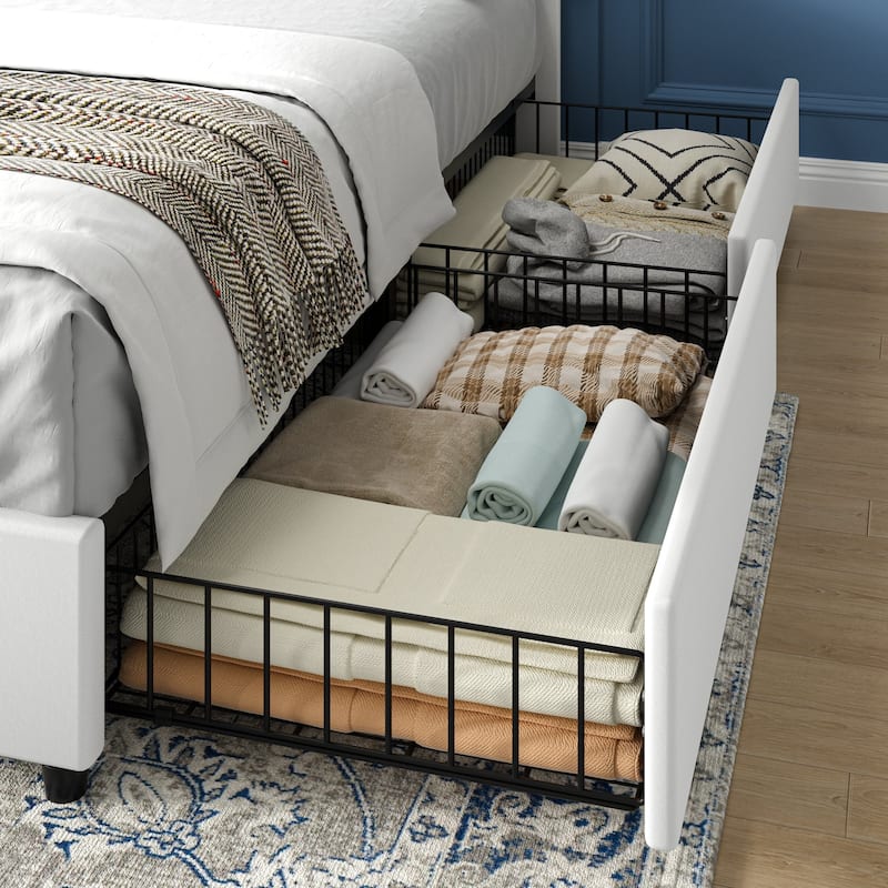 VECELO Upholstered Storage Bed Frames with Charging Stations and 4 Rolling Drawers on Both Sides Vertical Stripe Design