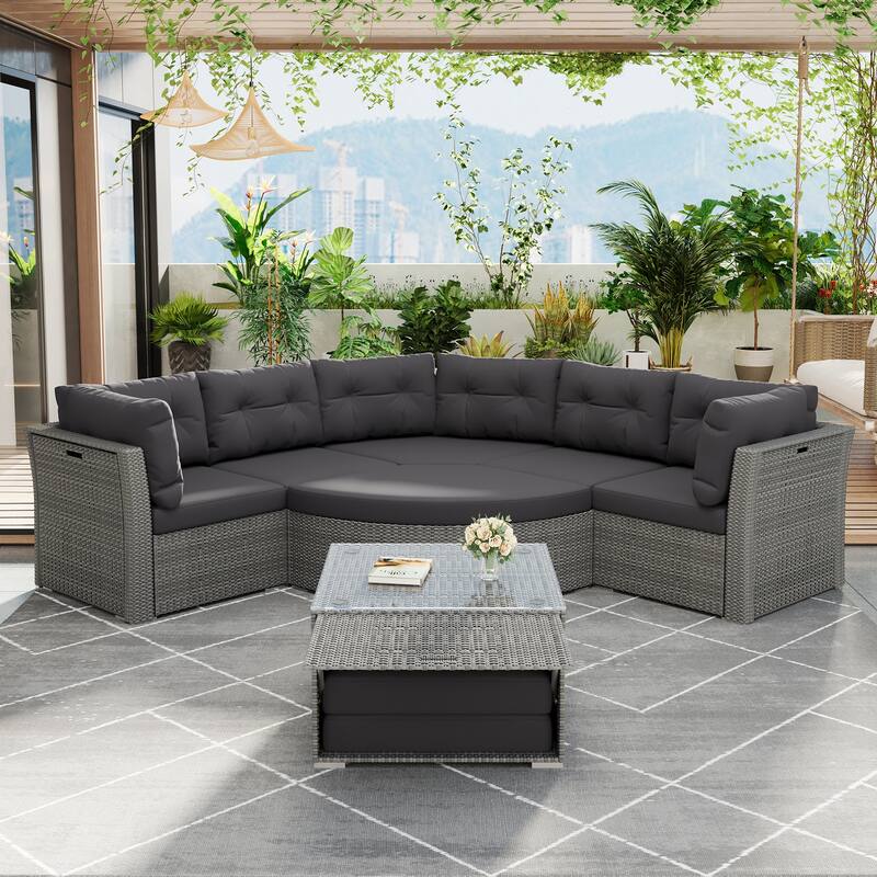 Roomfitters Outdoor Rattan Sectional Daybed Furniture Set with Cushions & Center Table for Patio - Grey