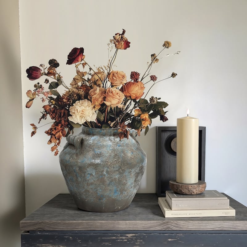 Antiqued Blue & Brown Terracotta Vase with Handles, Vintage Pottery