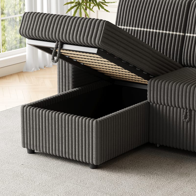 85" Corduroy 3-Seater Sleeper Sofa with Storage Chaise, USB Charging and Cup Holders