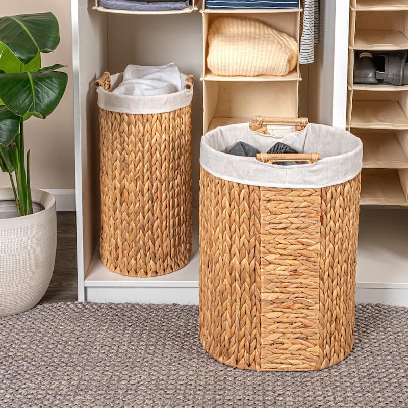 Household Essentials Handwoven Water Hyacinth Hamper Set with Cotton Lining, Set of 2 - 16.3"L x 12.9"W x 22.0"H - Tan