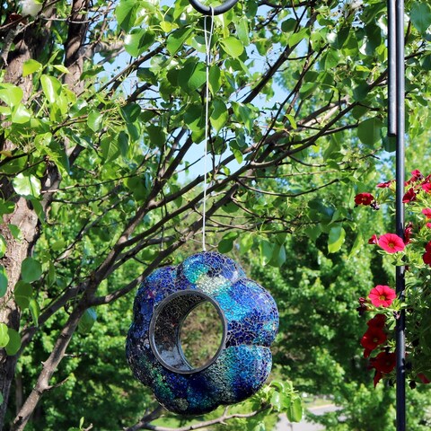Outdoor Hanging Bird Feeder Indigo Glass Flower Fly-Through - 9"