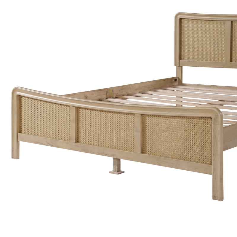 Christopher Knight Home- Celestine Curved Rubberwood Bed Frame with Rattan Headboard