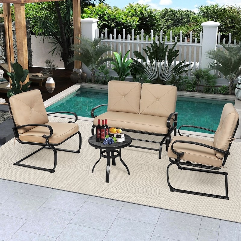 4-Piece Outdoor Patio Glider Loveseat and Rocker Conversation Set with Cushions