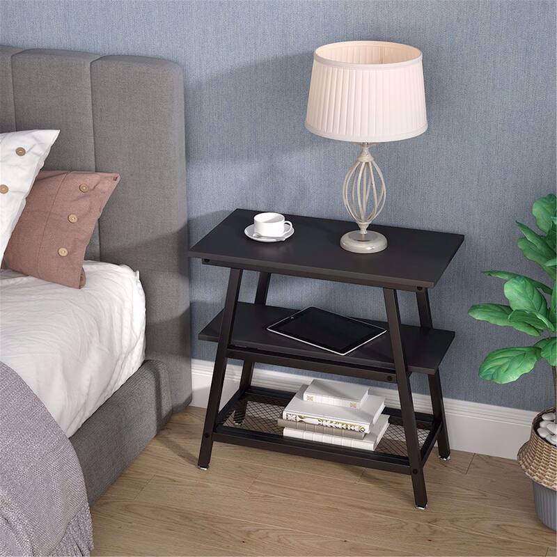 Industrial End Side Bed Table with Storage Shelf for Living Room