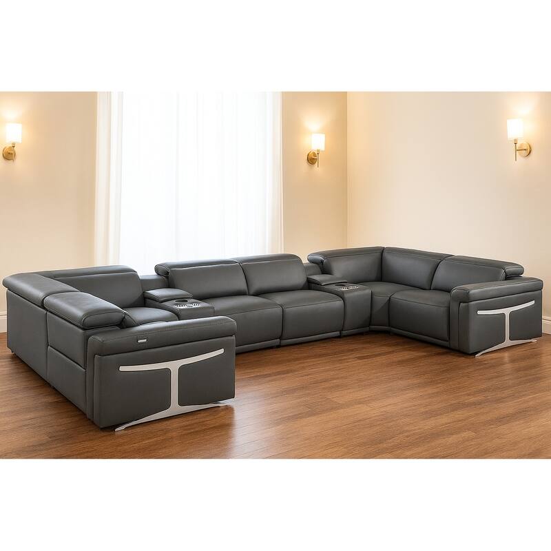 HomeRoots Dark Gray Italian Leather Power Reclining U Shaped Eight Piece Sectional With Console - Symmetrical - Dark Gray