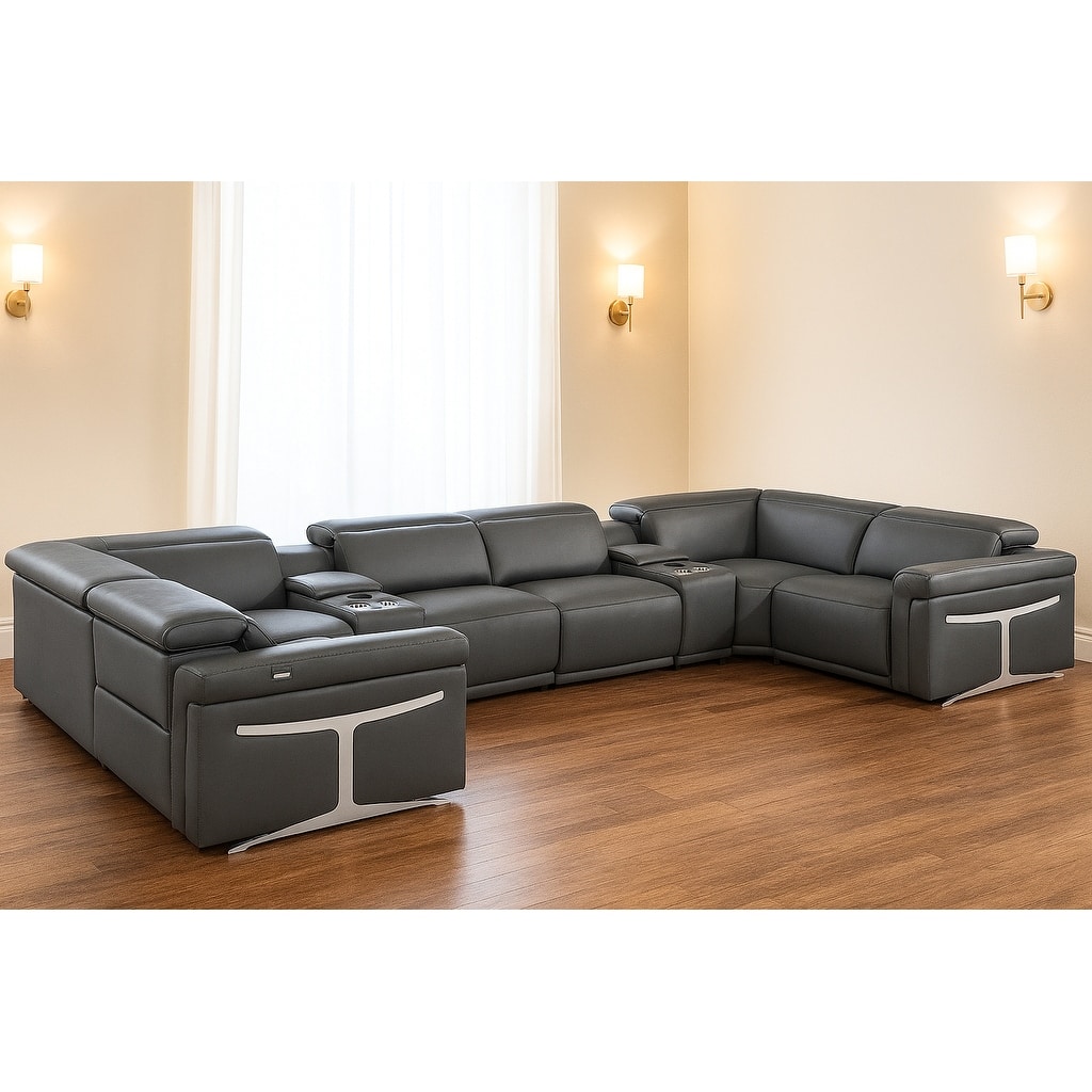 HomeRoots Dark Gray Italian Leather Power Reclining U Shaped Eight Piece Sectional With Console