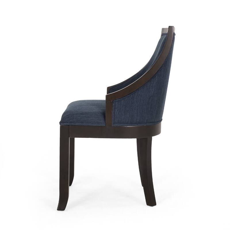 Dining Chair Set of 2, Navy Blue Fabric Cushioned, Brown Solid Wood