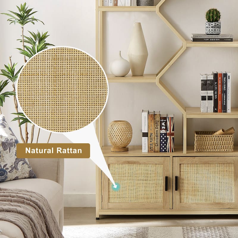 Rattan bookshelf 5 tiers Bookcases Storage Rack - 39.4’’w x 13.8’’d x 75.6’’h