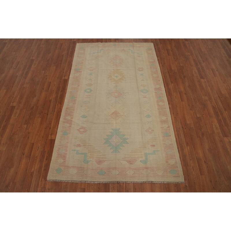 Hand Woven Oriental 100% Wool Carpet Southwestern Tribal Beige & Ivories Kilim Area Rug - 7' 10'' X 4' 8''