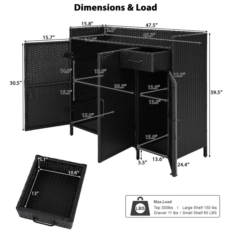 47.5"W Wicker Outdoor Storage Cabinet with Glass Desktop, Weather-proof Rattan Bar Table with Three Doors, Adjustable Shelf