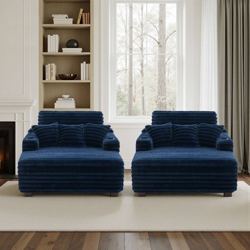 53"W Oversized Plush Fur-Like Chaise Lounge Sofa with Cup Holder