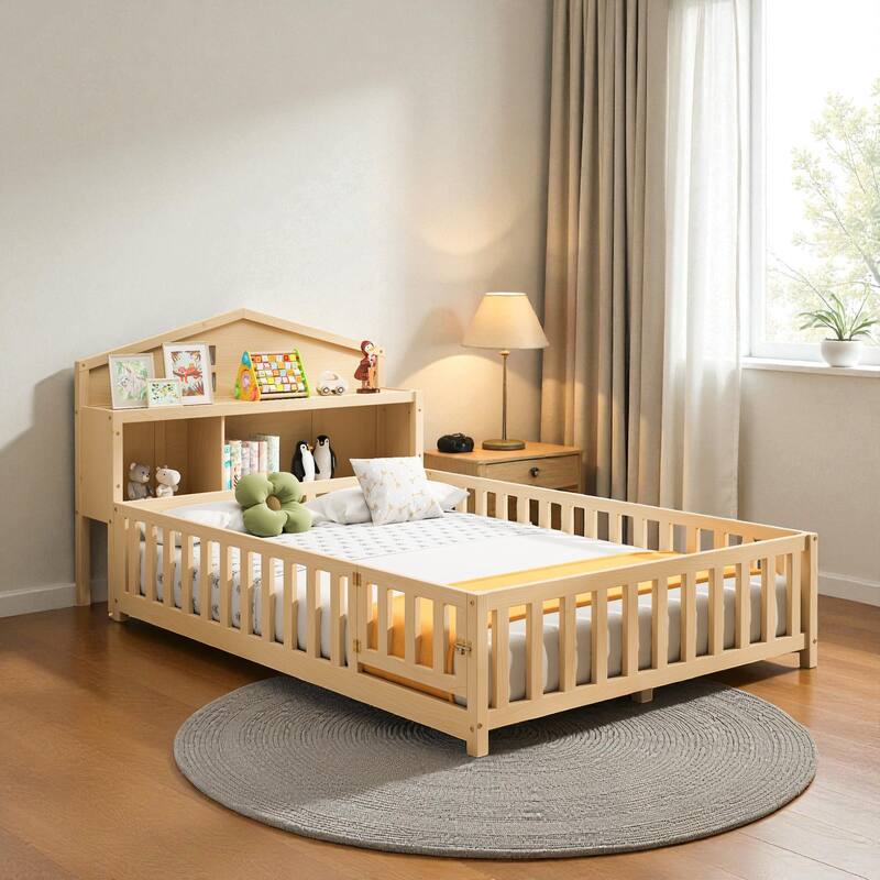 Full Size Montessori Floor Bed with Guard Rails, Bookcase Headboard & Blackboard, Solid Wood Platform Bed for Kids - Natural - Full
