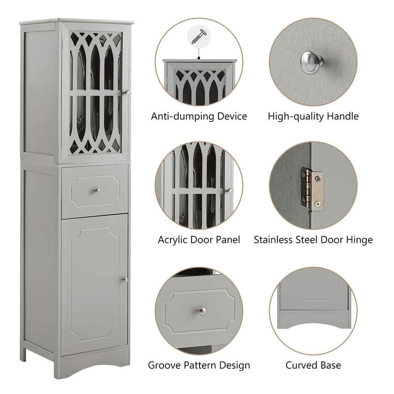 Grondin MDF Board 63.8" Tall Bathroom Tower Cabinet, Freestanding Bathroom Storage Cabinet with Drawer and Acrylic Door