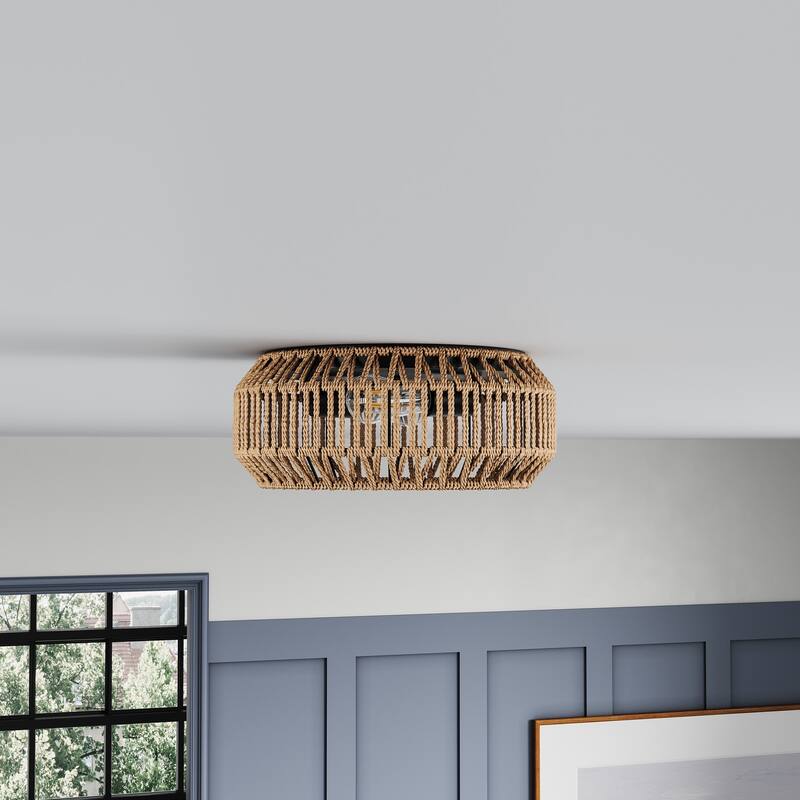 Farmhouse Brown 2-Light Hand-Woven Paper Rope Flush Mount Ceiling Light Fixture