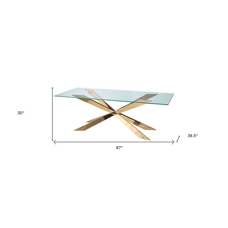 HomeRoots 87" Clear and Gold Glass and Metal Cross Leg Base Dining Table - 87.00 in. x 30.00 in. x 39.50 in.