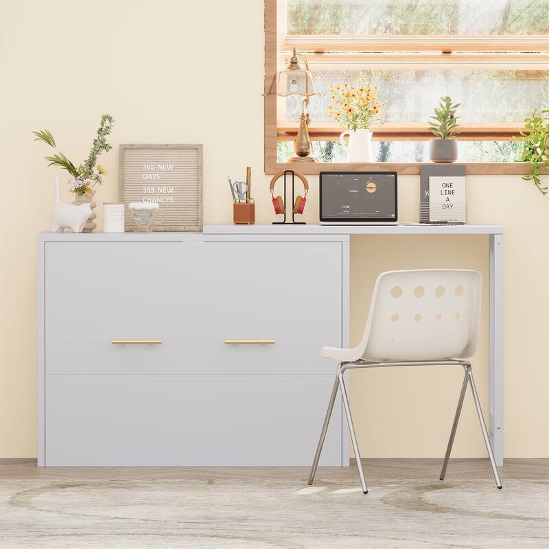 Twin Size Murphy Cabinet Bed with Adjustable Desk, Foldable Guest Bed