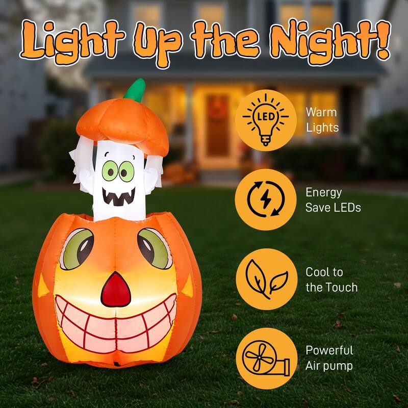 2.8FT Inflatable Pumpkin Ghost with LED Lights and Halloween Lawn Yard Decorations for Outdoor Use - 2.8 ft