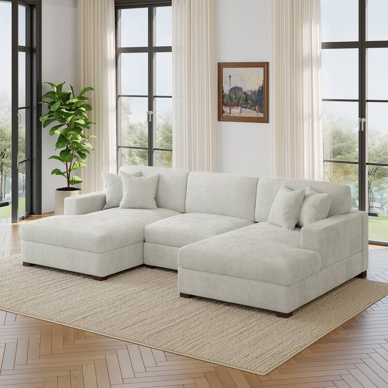 Modern Upholstered Chenille Modular Sectional Sofa with 2 Chaise - Off White-3 Piece