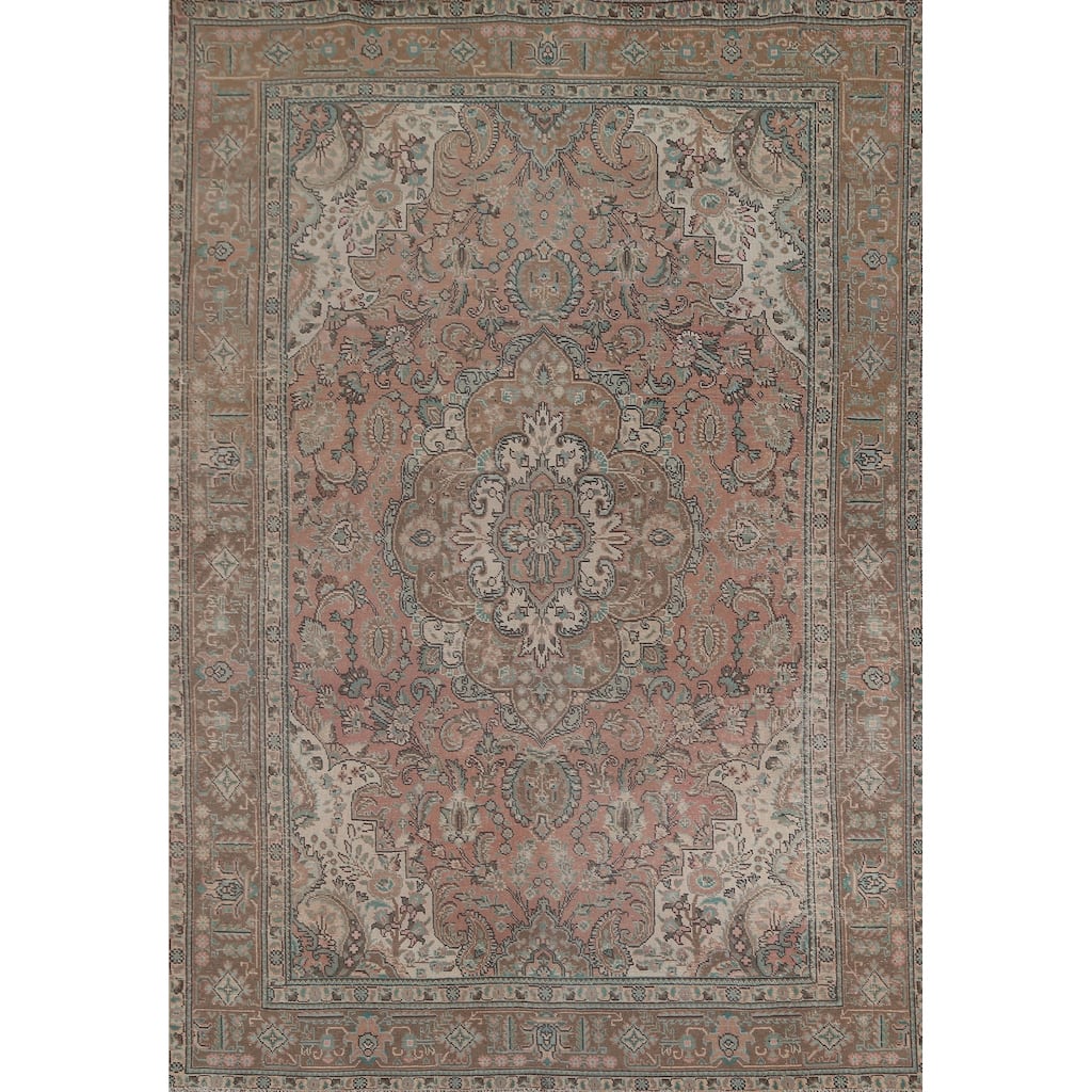Pink Floral Tabriz Persian Vintage Area Rug Handmade Wool Carpet - 6'7"x 9'1"