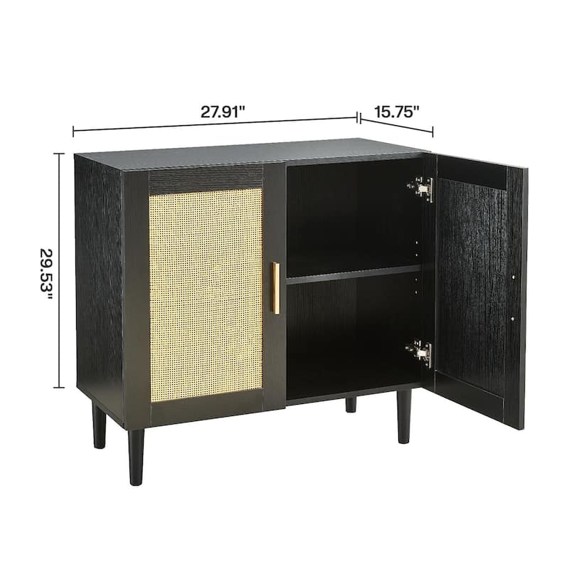 Anmytek Modern Black Rattan Buffet Cabinet Sideboard Kitchen Storage Credenza with Gold Handles