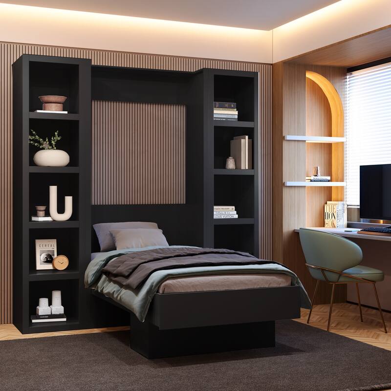 Easy-Lift Twin Murphy Wall Bed with Two Bookshelves