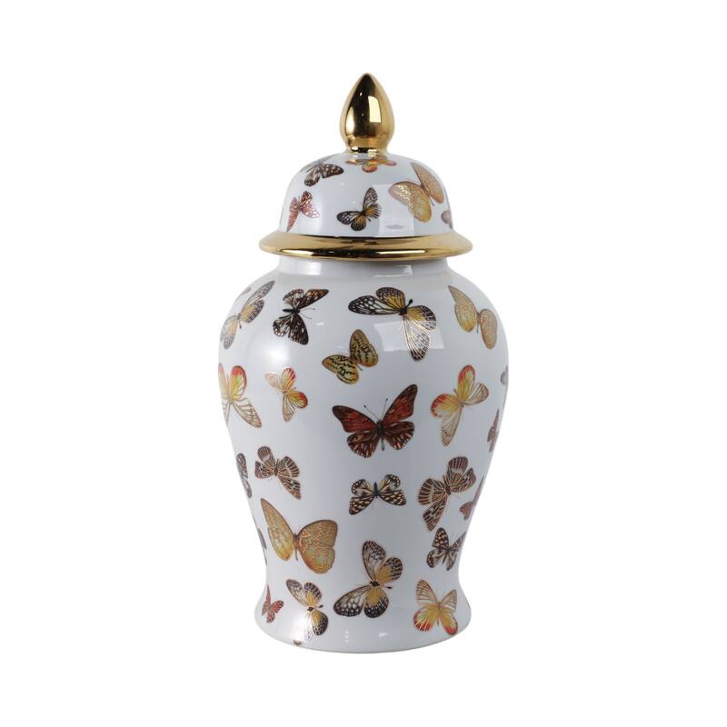 Ceramic Decorative Temple Jar with Lid and Metallic Butterfly Motif