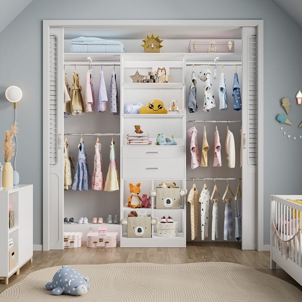 slide 2 of 27, Closet Organizer with Wooden Drawers & Cube, 5FT Adjustable Closet System for Nursery & Kid's Room White