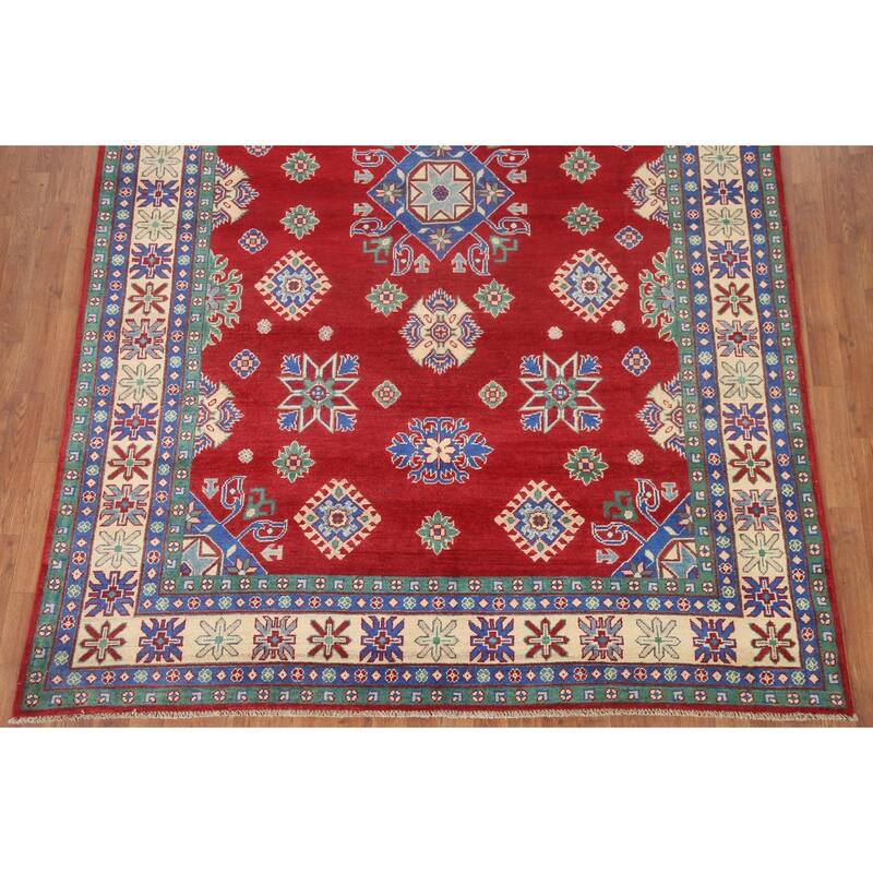 Hand Knotted Oriental 100% Wool Carpet Traditional Geometric Red Kazak Area Rug - 9' 7'' X 6' 7''