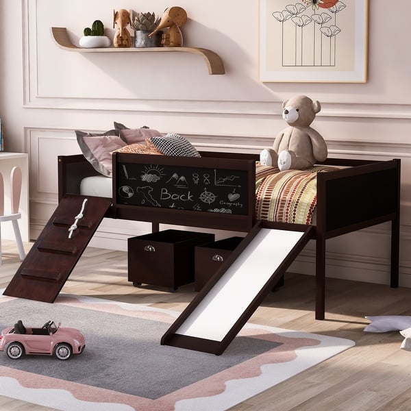slide 2 of 9, Espresso Pine Loft Bed with Climbing Frame, Rope, and Chalkboard - Twin Size with Slide Espresso