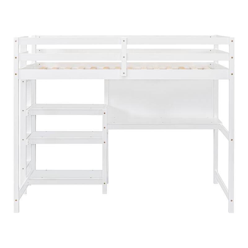 Multi-Functional Twin/Full Loft Bed with Built-In Desk, 3-Tier Shelves, and Writing Board, No Box Spring Needed, White/Grey