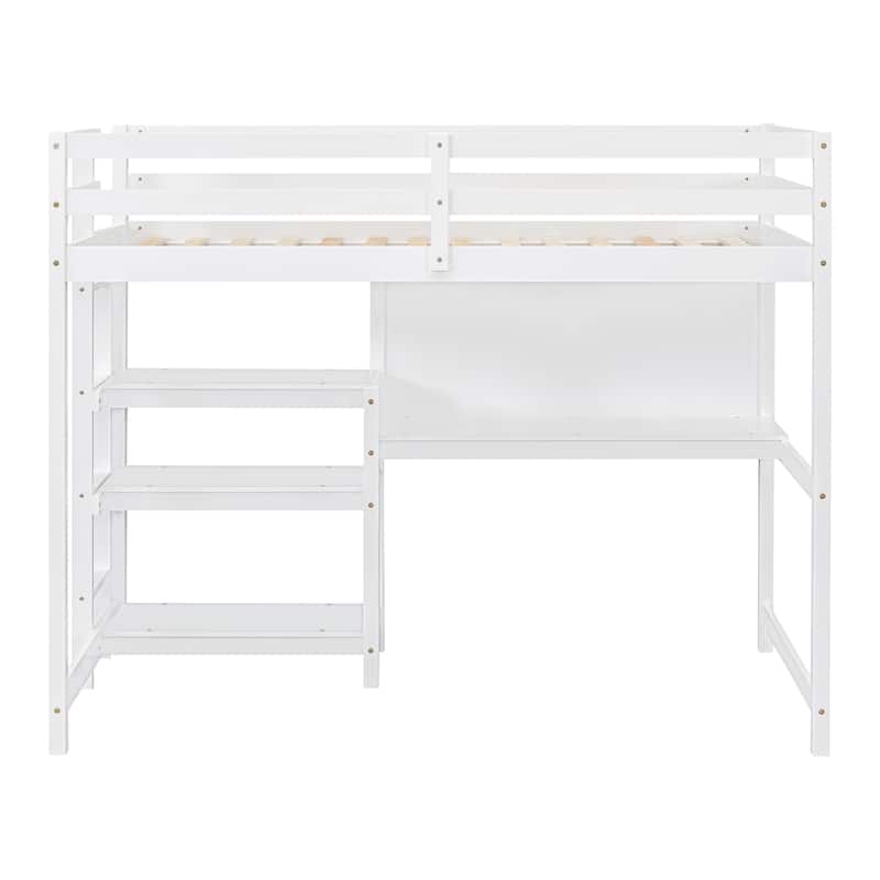 Wooden Loft Bed with Shelves, Desk and Writing Board