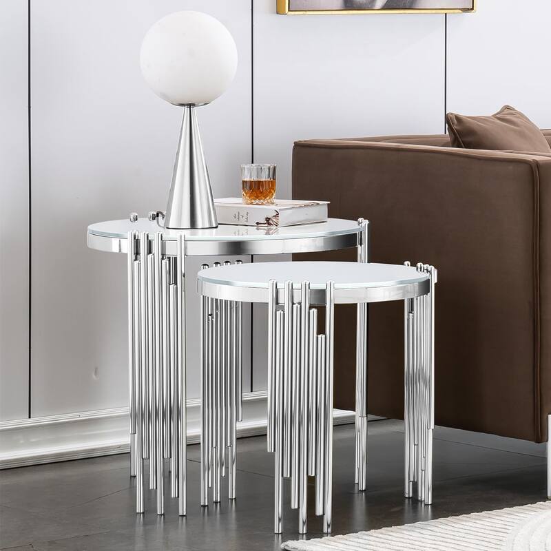 Modern Round Nesting End Tables Stacking Side Table 2-Piece Set with Tempered Glass Top and Chime-Shaped Legs