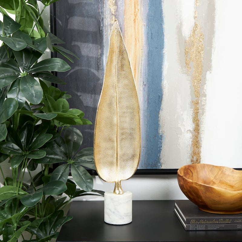 CosmoLiving by Cosmopolitan Gold Aluminum Metal Textured Leaf Decorative Sculpture with White Marble Base - Gold