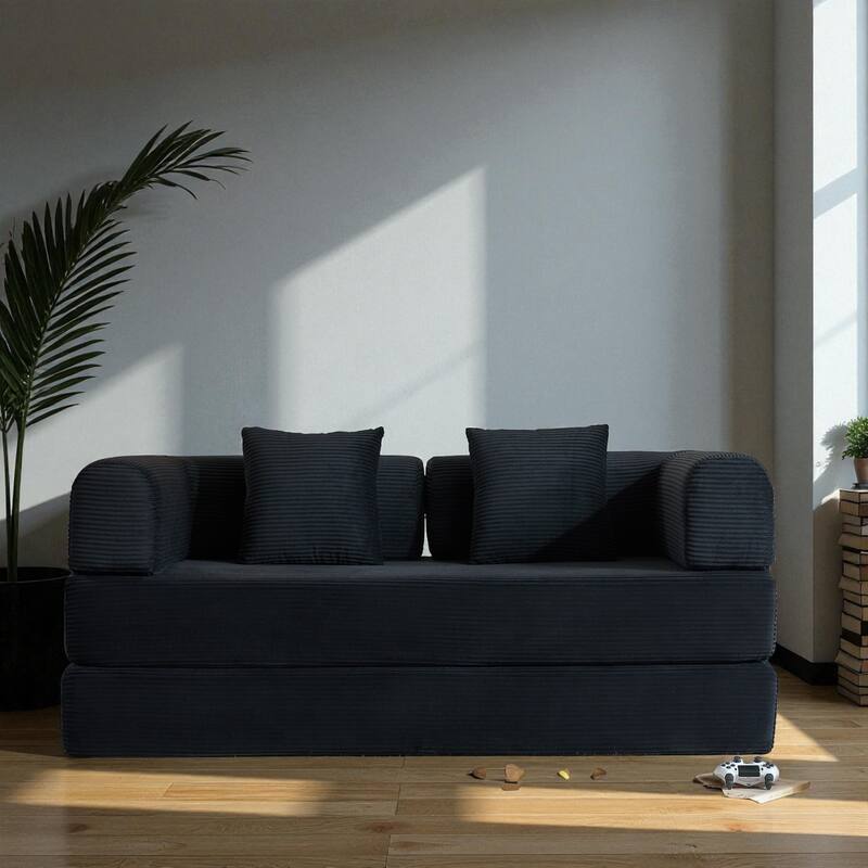 Convertible Corduroy Sleeper Sofa Bed, 4-in-1 Folding Mattress Couch with Cylindrical Pillow & Fixed-Shape Frame, No-Assembly - Black