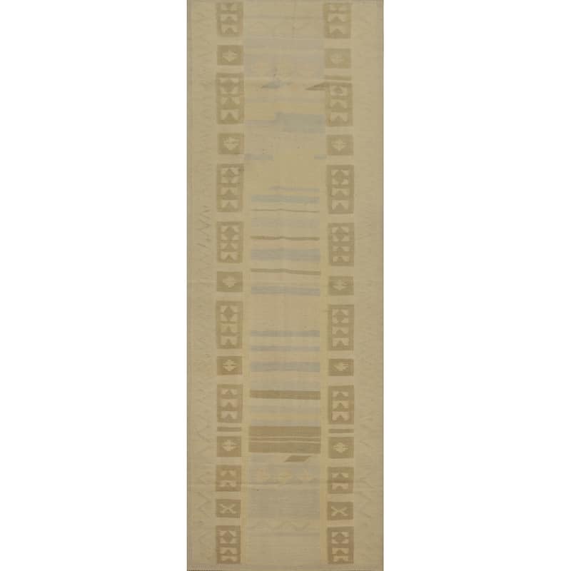 Hand Woven Oriental 100% Wool Carpet Southwestern Tribal Beige & Ivories Kilim Runner Rug - 9' 10'' X 2' 8''