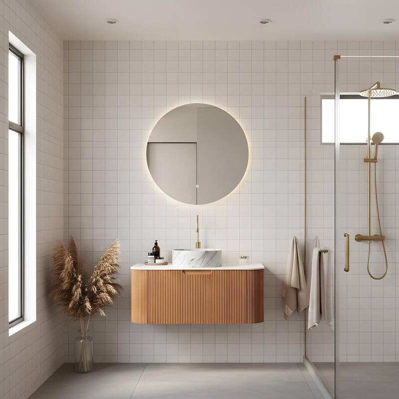 Floating Bathroom with Round Ceramic Basin and Storage Drawer