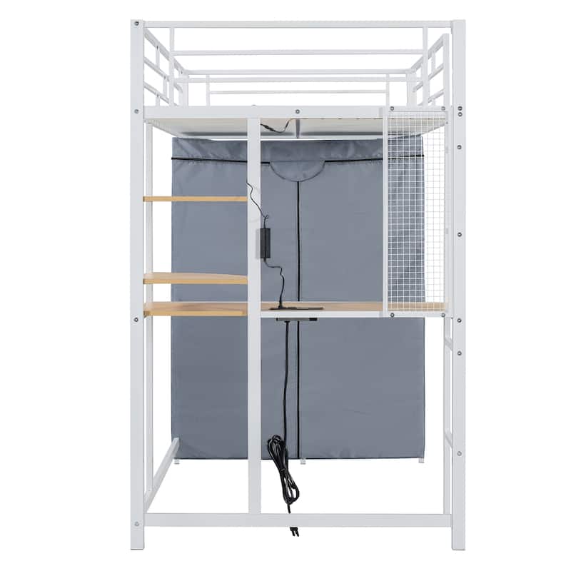 Heavy Duty Metal Twin Loft Bed with L Shaped Desk and Shelves