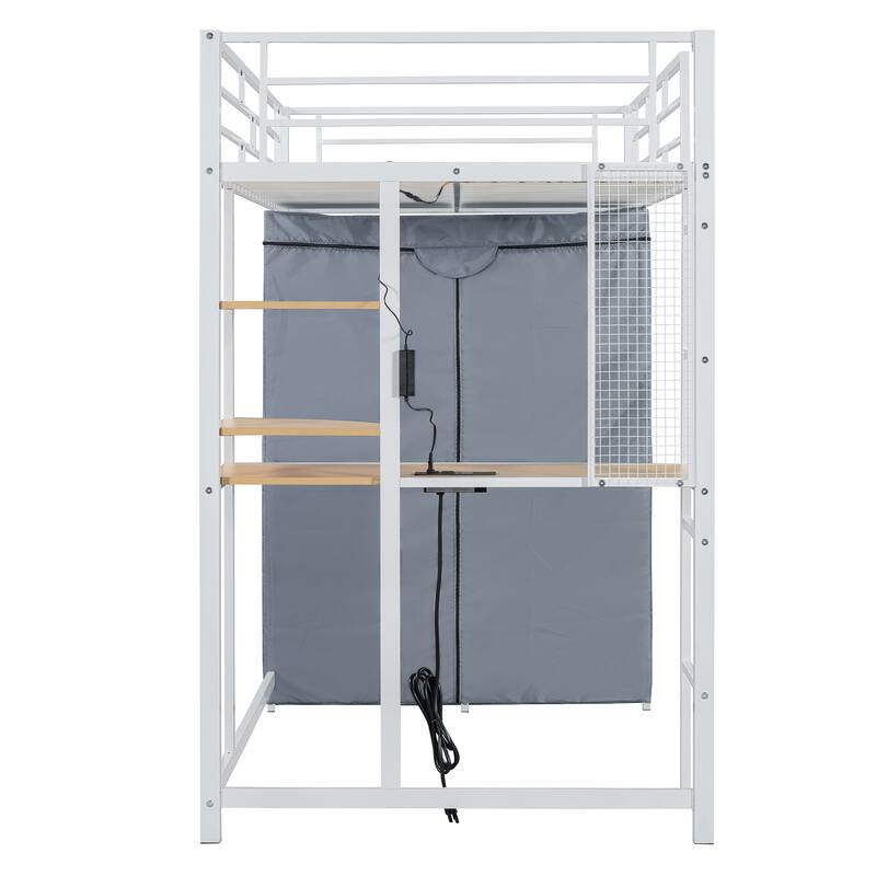 Modern Loft Bed with Desk & Wardrobe, Metal Loft Bed Frame with Shelves, USB Power Outlet, LED Light, for Kids Teens Adults