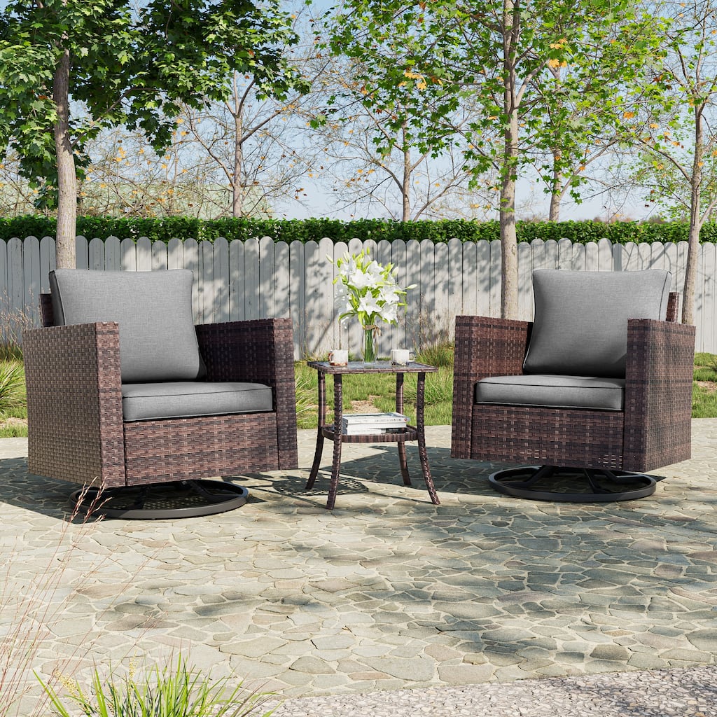 BONOSUKI 3Pcs Patio Swivel Rocking Sofa Set Brown Rattan w/Glass Table