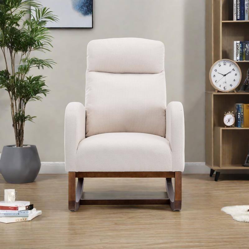 Linen High-Back Rocking Chair with Recliner Function, Side Pocket, and Solid Wood Legs - Beige