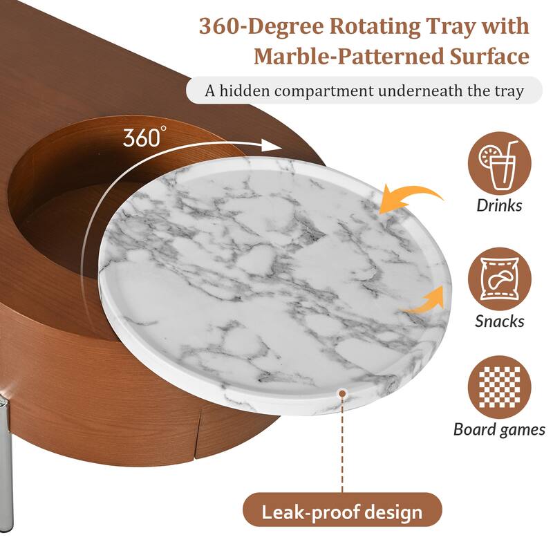 Roomfitters Lift Top Oval Coffee Table with Rotating Marble Tray and Hidden Compartment