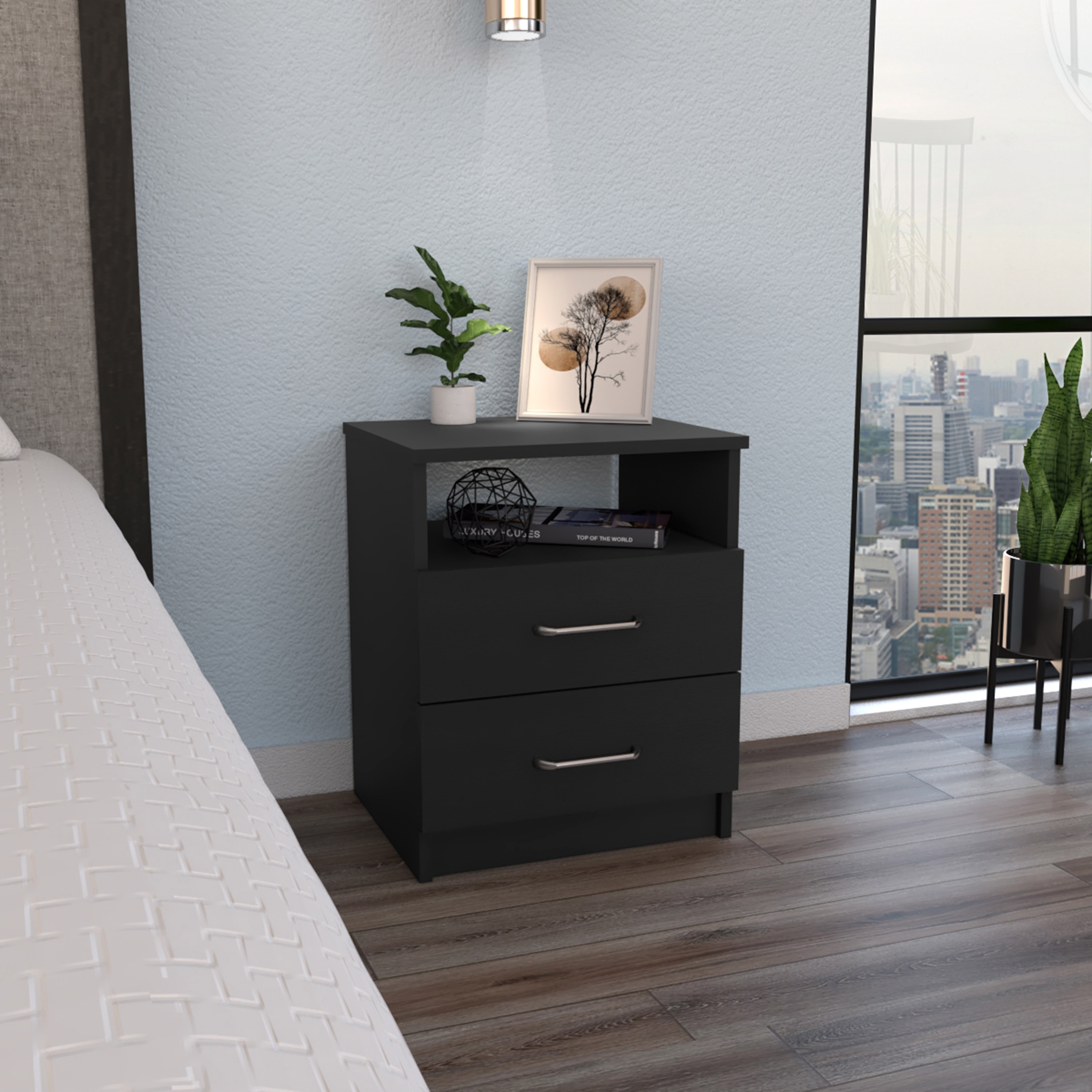 Modern Nightstand with Two Drawers and Shelf, Black