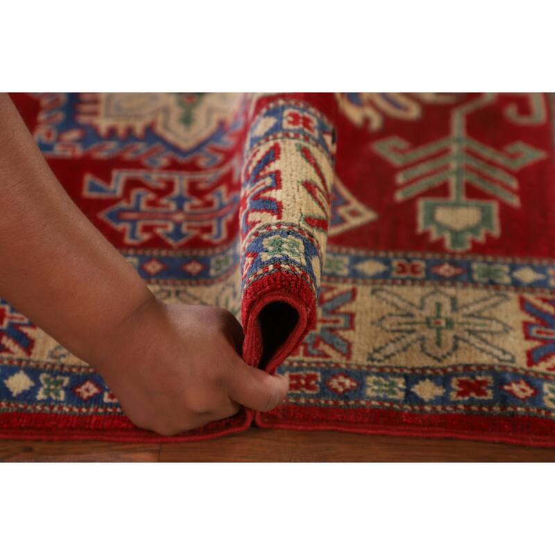 Geometric Kazak Rug Hand-Knotted Oriental Red Wool Carpet - 3'4"x 4'9"