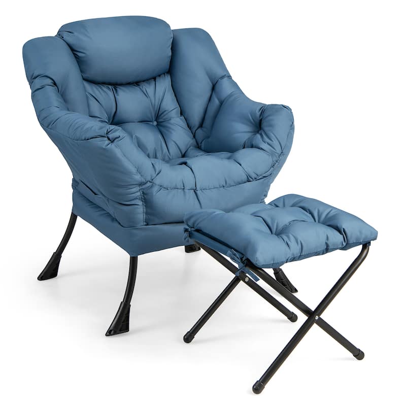 Gymax Lazy Sofa Chair Accent Leisure Armchair with Folding Footrest & - Blue