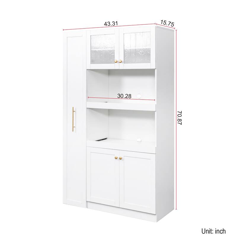 Roomfitters Kitchen Pantry Cabinet with Multi-Tier Pull-Out Shelves, Farmhouse Storage Cupboard with 4 Doors, White
