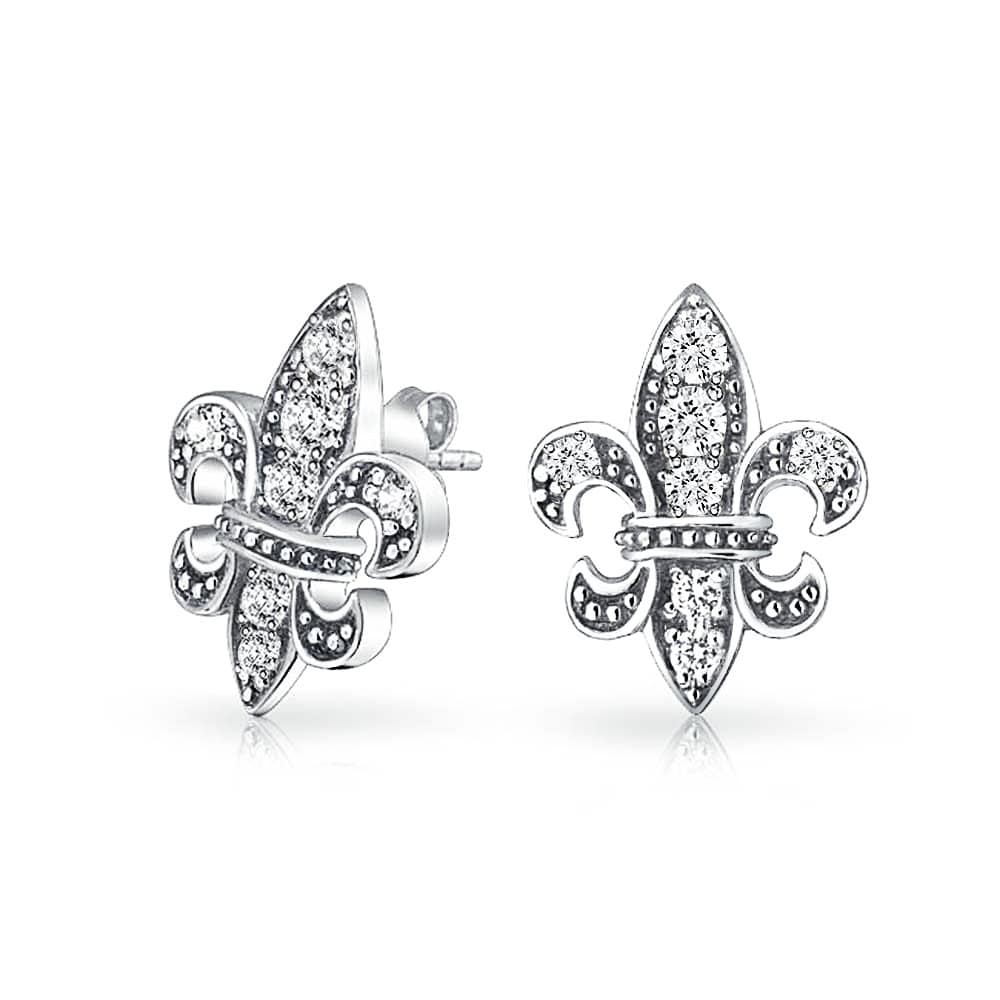 Sterling Silver Rhodium Plated CZ Fleur de lis Post Earrings
